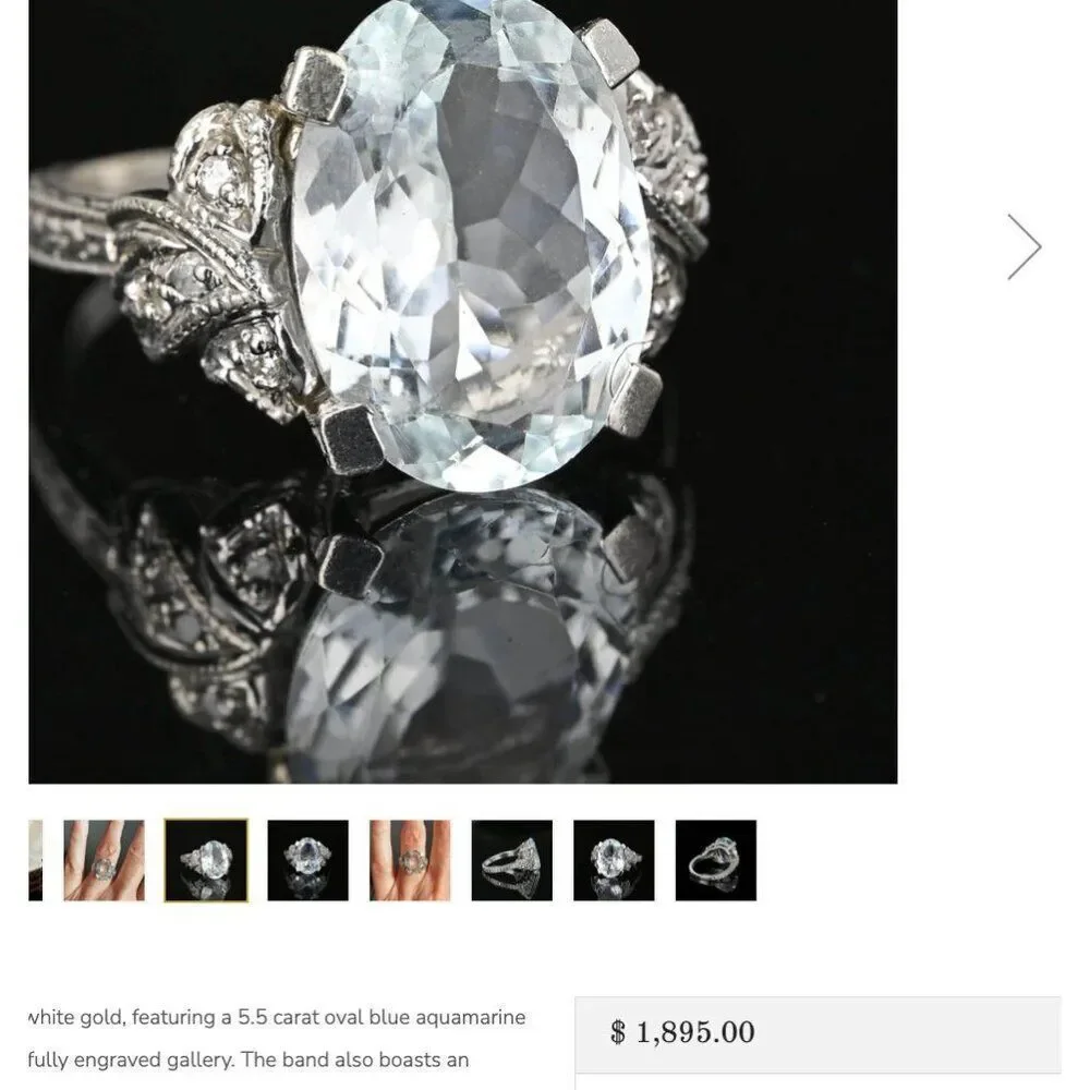 10K White Gold -Art Deco -Aquamarine & Diamond Ring -Sz 7- Filigree Ring- 2.8g